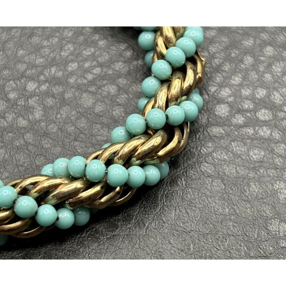 Vintage Faux Turquoise Blue Beads Thick Wide Rope Chain Bracelet Twisted 8.5